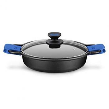 Cacerola Baja Monix Solid Plus de Aluminio Fundido Negra, 32 cm, 5 litros, con Tapa de Cristal y Asas de Silicona, apta para cocina de gas, vitrocerámica e indu