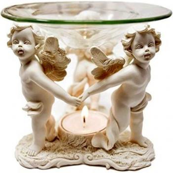 Quemador de aceites con tres ángeles y bol de vidrio - Blanco - 12.4 cm x 12.4 cm x 11.3 cm