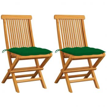 Teak Wood Garden Chairs with Green Cushions - Set of 2