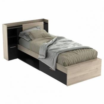 Cama Juvenil Life con Cabecero Color Roble Kronberg y Negro 90x190-200 cm, Melamina Madera Claro - Negro 227x91x125