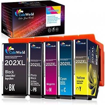 ColoWorld 202 XL Multipack Cartuchos de Tinta Reemplazo para epson 202XL Negro FotoNegro Cian Magenta Amarillo, Compatible para Epson Expression Premium XP-6000 XP-6005 XP-6001 Xp-6100 Impresora 5Pack