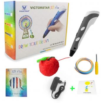 Pluma 3D con Plantillas de Papel y Destornillador / con Motor Militar - VICTORSTAR RP100A Gris para Dibujo 3D Garabatos 3D / Compatible con Filamento ABS PLA + 5 Plantillas + Adaptador + Filamento + Destornillador