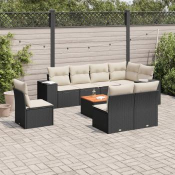 9-Piece Black Poly Rattan Garden Sofa Set with Cushions