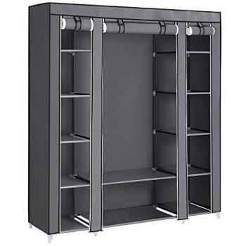 SONGMICS Armario Portátil, Armario Plegable, Organizador de Ropa con Rieles para Colgar, Estantes, Cubierta de Tela, para el Dormitorio 150 x 45 x 175 cm, Gris LSF03G