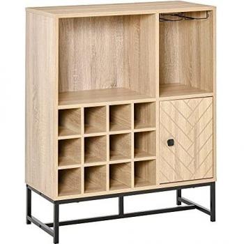 HOMCOM Aparador de Cocina Armario con 1 Puerta 2 Estantes Abiertos Botellero para 12 Botellas y Soporte de 6 Copas de Vino Comedor Bar Restaurante 76x35x97 cm Madera Natural