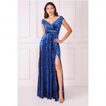 Goddiva Ice Velvet Bardot Wrap Maxi Dress - Navy