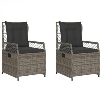 Sillas de jardín reclinadas 2 piezas Polyrattan gris, sillones reclinables de jardín 2 uds ratán sintético gris, tumbona patio reclinable