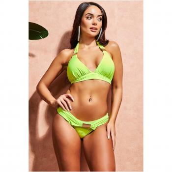 Goddiva Abstract Stripe Buckle Detail Bikini - Lime Green - Size XL/2XL