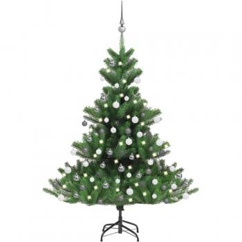 Árbol de Navidad Artificial Nordmann Fir con Luces LED y Bolas Blancas, Altura 120 cm