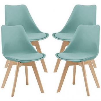 Juego de 4 sillas de comedor Fläten, tapizadas en cuero sintético, patas de madera de haya, color verde menta, dimensiones 81 x 49 x 57 cm