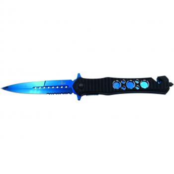 Navaja de seguridad Third H0815A con mango de Aluminio negro, hoja clips y liners bañados en titanio azul. Hoja de Acero 420 de 10.9 cm, incluye cutter cinturón de seguridad y punta rompevidrio