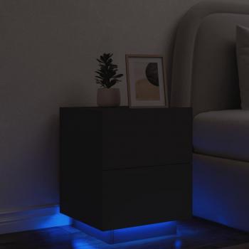 Mesita de noche con luces LED, madera de ingeniería, color blanco y negro, diseño en roble Sonoma, ideal para habitación y salón, también como mesa auxiliar