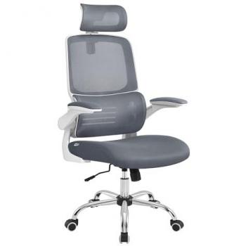 Silla Ergonómica de Oficina con Respaldo Alto - Malla, Reposabrazos Abatibles, Soporte Lumbar, Reposacabezas Ajustable e Inclinación, Gris Paloma