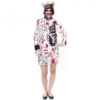 Disfraz de Cocinera Zombie para mujer, talla L, incluye vestido con delantal manchado de sangre, gorro de cocinera a juego y accesorios decorativos