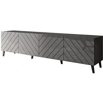 Mueble TV Charlotte 145, Negro Brillante, 4 Puertas, 200 x 52 x 42 cm