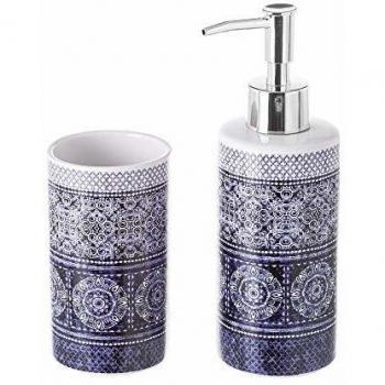 Conjunto de dispensador y portacepillos arabesco de cerámica exótico Azul - LOLAhome