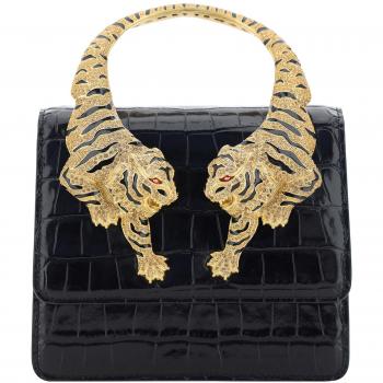Roberto Cavalli Exotic Serpent Embossed Tiger Handbag - Black, One Size Female Handbag