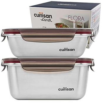 Juego de 2 Recipientes Rectangulares de Acero Inoxidable Aptos para Microondas - 0.6L y 1L