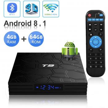 Android TV Box, T9 Android 8.1 4GB RAM/64GB ROM RK3328 Quad-Core Media Box Soporte 2.4Ghz/5.0Ghz WiFi 64 bits H.265 Bluetooth 4.1 DLNA UHD 4K Mini TV Box