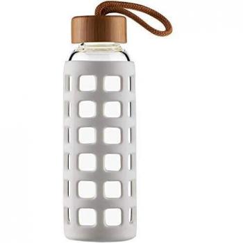 Cleesmil Botella de Agua de Cristal de Deporte con Funda de Silicona con Tapa de Bambú 1000 ml