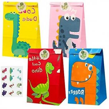 RISAKOGO Bolsas de regalo de 24 piezas Bolsas de papel de colores con 24 pegatinas Bolsas de regalo de dinosaurio pequeñas para regalos, obsequios, fiestas infantiles