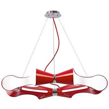 Lámpara colgante de techo Ora 8 Bombillas planas redondas E27, rojo brillante, acrílico blanco, cromo pulido