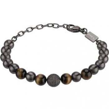 Pulsera de Acero para Hombre Breil B Fence TJ3143, Color Pistola con Elementos Pulidos y Esferas de Ojo de Tigre, Longitud 22,5 cm