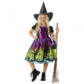 Disfraz infantil Bruja Luna Negra Rubies, 8-10 años, incluye vestido impreso, sombrero y bolso, ideal para Halloween, Carnaval, cumpleaños y fiestas