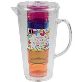 Bello Pitcher Jug With 4 Space Saving Stackable Bright Colourful Plastic Tumblers Glasses Cups Picnic BBQ Camping Travelling Easy Clean Hardwearing by Bell'O
