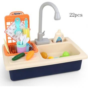 Juego de simulación de cocina eléctrica con fregadero y agua circulante para lavar frutas y verduras, incluye estufa para niños