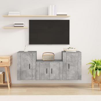 vidaXL Set de muebles para TV 3 piezas madera contrachapada gris hormigón, Mueble de salón, Mueble TV, Mesa de TV