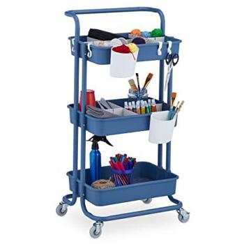 Carrito Auxiliar Multiusos de 3 Niveles, Rodante para Cocina y Oficina, Medidas 86 x 43 x 34 cm, Metal y Plástico, Color Azul - Relaxdays