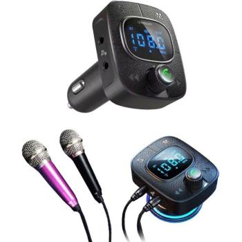Transmisor FM y Cargador Klack con Bluetooth para Coche, Karaoke USB, Pantalla Digital y Carga Rápida QC 3.0 (Incluye 2 Mini Micrófonos)