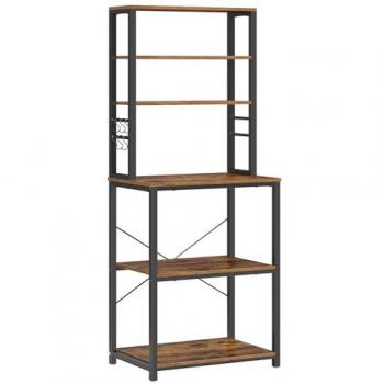 Estantería de cocina alta con espacio para microondas, incluye 6 estantes y 6 ganchos, marco de metal industrial, disponible en marrón rústico, greige y roble, dimensiones 60x40x167