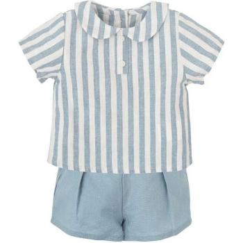 Conjunto de bebé niño a rayas azules con camisa y bermuda liso