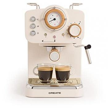 Cafetera Express Semiautomática Thera Retro 20 Bares Blanco Mate y Madera, Depósito 1,25L, Brazo Doble Salida, Vaporizador, 1100W
