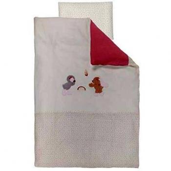 Nattou Set de ropa de cama con estapado reversible Conejita y pingüino, Funda nórdica 100 x 140 cm y funda de cojín 40 x 60 cm, Pauline y Sasha, Rosa palo/blanco