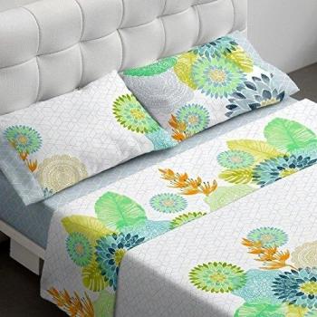 Burrito Blanco Juego de Sábanas 097 3 Piezas para Cama Individual de 90x190 cm hasta 90x200 cm. Encimera, 1 Funda de Almohada y 1 Sábana Bajera Ajustable con Diseño de Flores, Turquesa