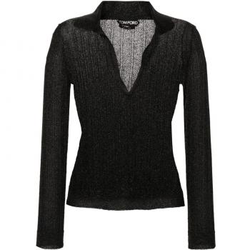 Tom Ford Women's Ribbed Lurex Polo Shirt in Black, Size Small