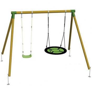| MASGAMES | Columpio de madera DOBLE PLUS | con asiento plano de plástico y cuerdas regulables + asiento nido circular | madera tratada | anclajes incluidos | uso doméstico |
