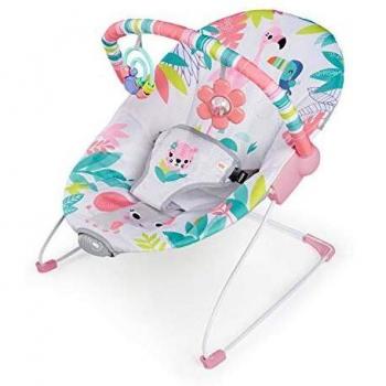 Bright Starts, Hamaca Mecedora para Bebé Flamingo Vibes - vibraciones relajantes, arco de juego con 2 juguetes, arnés de 3 puntos, rosa, desde recién nacido hasta los 9 kg