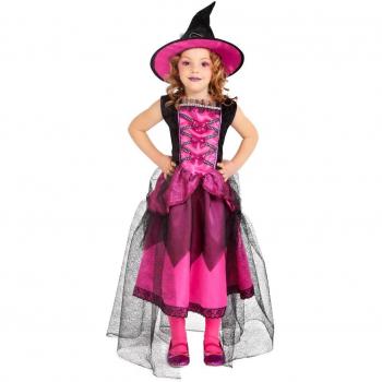 Disfraz de Bruja Chic Rosa para niña - incluye vestido rosa con detalles brillantes, sombrero de bruja a juego, talla disponible en varias opciones, ideal para Halloween y fiestas temáticas