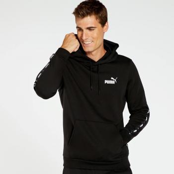 Sudadera Puma Essentials+ Tape Fl Negro para hombre, 100% poliéster, ajuste regular, con capucha y bolsillo frontal tipo canguro, diseño moderno con detalles de cinta en los laterales