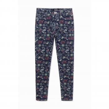 Multicolor Floral Geometric Skinny Jeans for Women with Zip and Button Fastening