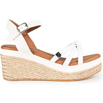 Sandalias de cuña baja para mujer Popa Manchester Blanco, piel, tiras, cierre de hebilla