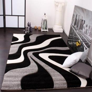 Paco Home Alfombra De Diseño Perfilado - Estampado De Ondas - Negro Gris Blanco, tamaño:120x170 cm