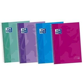 Oxford, Cuadernos A4+, Pack de 5 Libretas Cuadrícula 5x5, Tapa Extradura y Espiral, Microperforado con 5 bandas de color , 120 Hojas, Colores Surtidos.