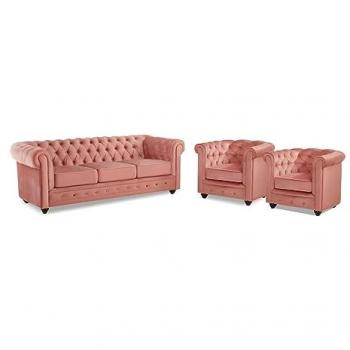 Sofá Chesterfield 3 plazas y 2 sillones de terciopelo - Rosa polvo