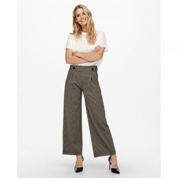 JDY Women's Wide-Leg Long Trousers in Beige Checkered Pattern