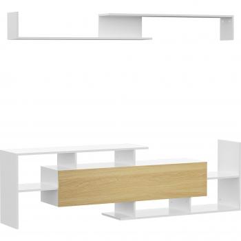HOMCOM Mueble de Salón Moderno Conjunto Muebles de TV 153,6x25x42cm y Estante de Pared 150x14,5x16,3cm Blanco y Natural